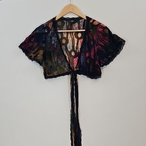 Romwe Black Lace Floral Crop Bolero Shrug | Tie Front | Flutter Sleeves | Size M
